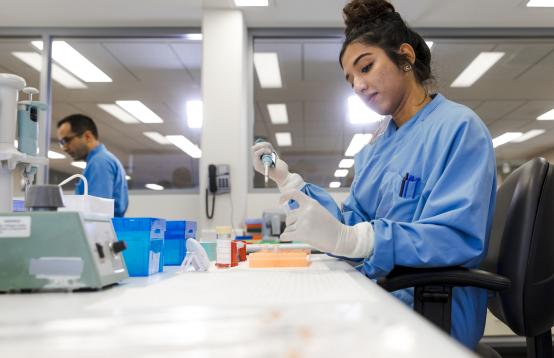 A woman in a blue coat working at a desk