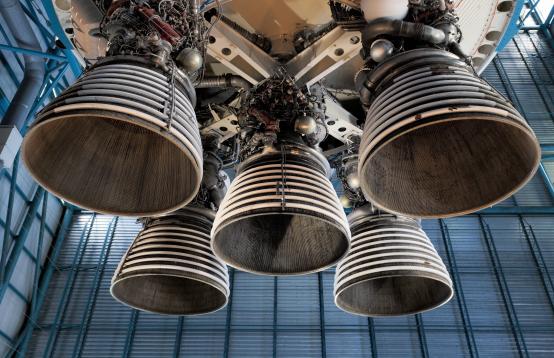 Photo of thrusters from a spaceship in a warehouse.