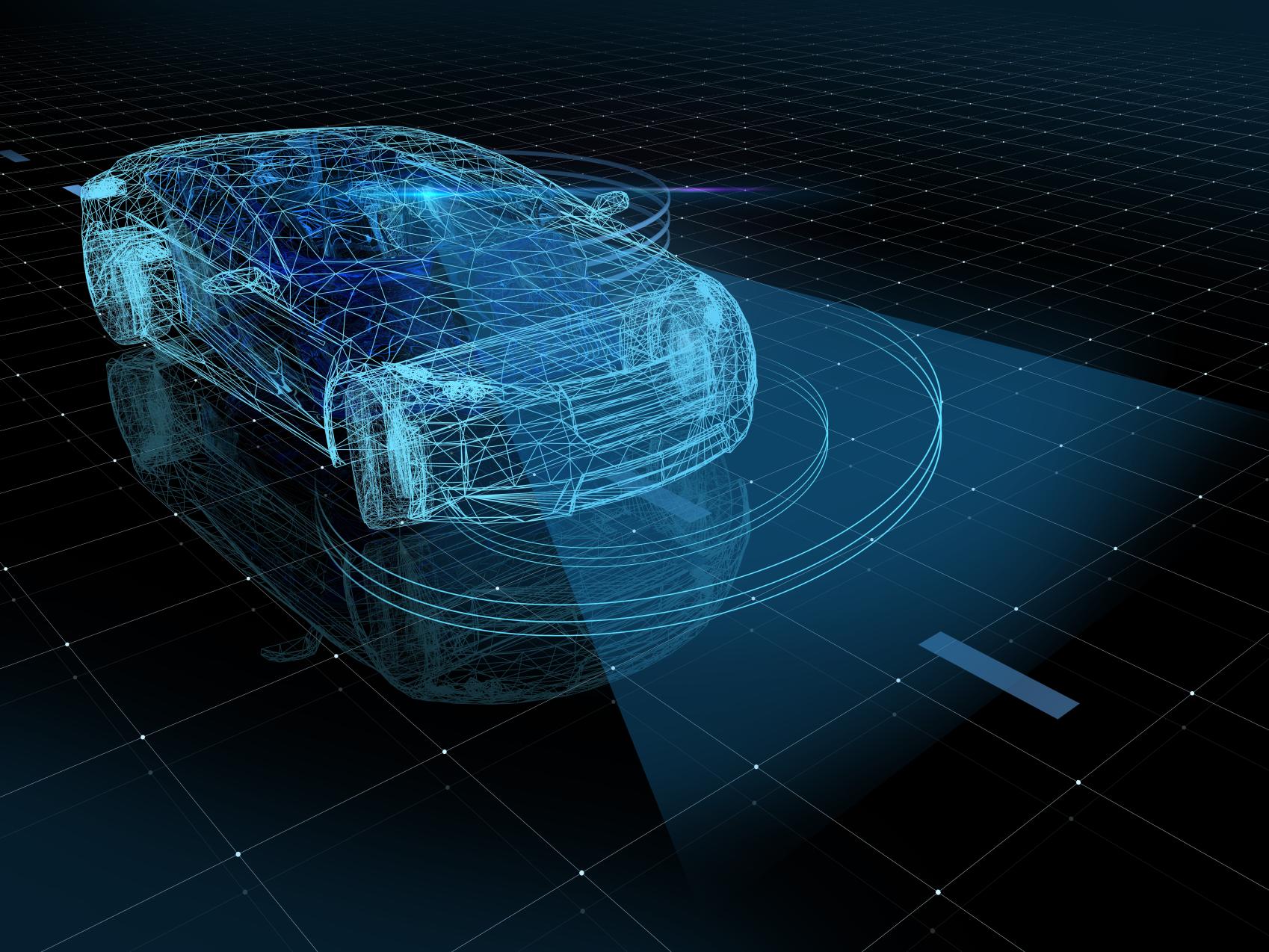 Blue and white graphically interpreted computer-generated image of a modern car with lights on.