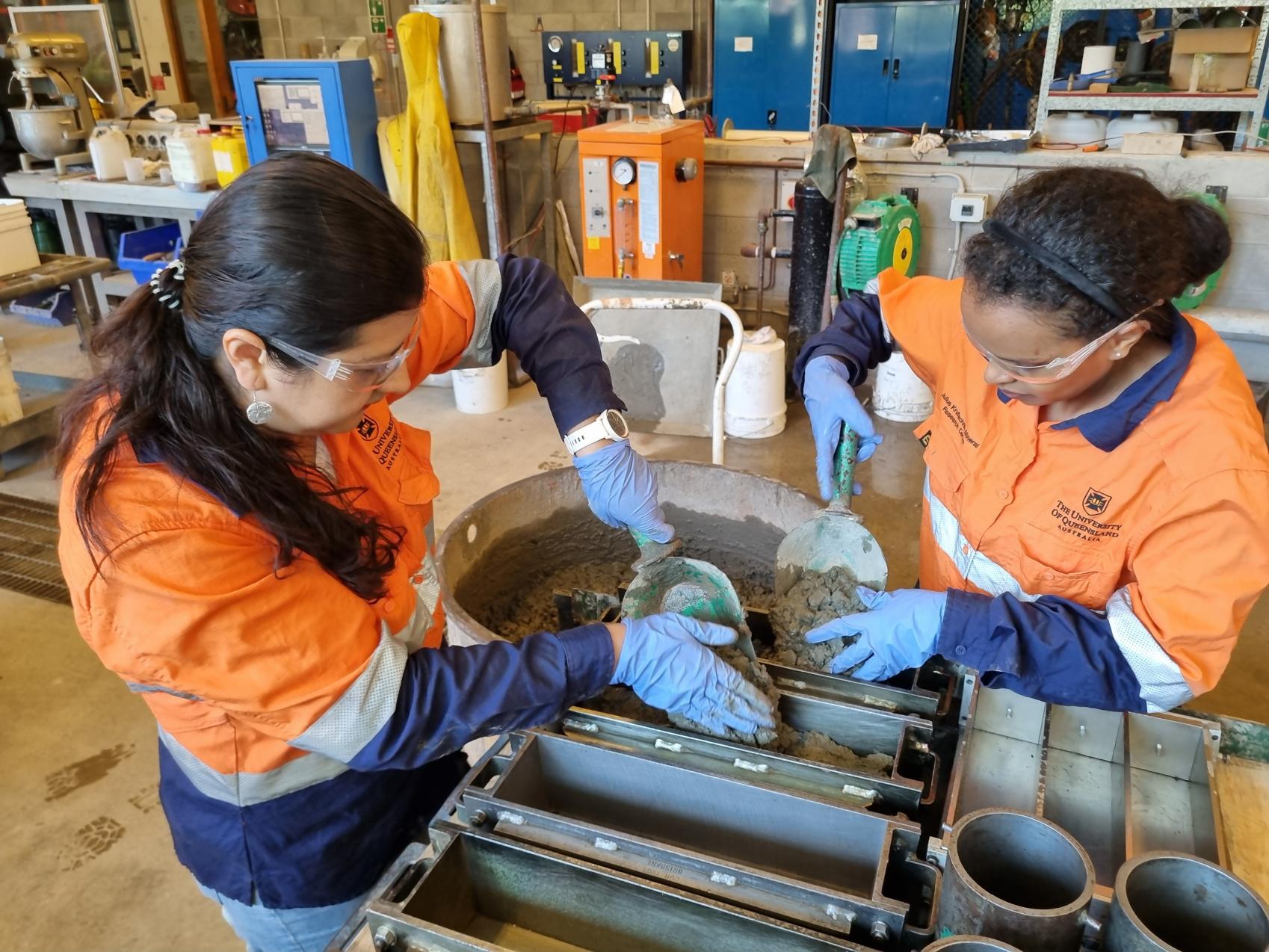 Lead Entrepreneur Dr Juliana Segura-Salazar (left) and project fellow Dr Lulit Habte Ekubatsion (right) at The University of Queensland’s School of Civil Engineering Concrete Laboratory at St Lucia.